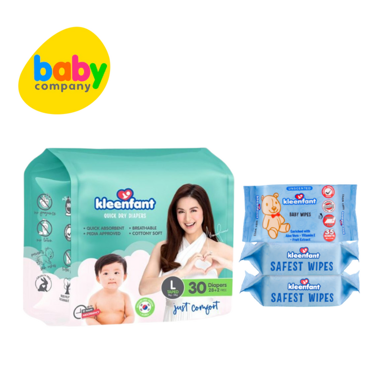 Kleenfant Diaper Taped Large 30 Pads + FREE 3 Packs of Unscented Baby Wipes Bundle