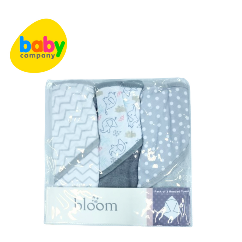 Bloom 3-Pack Hooded Towel - Neutral Design - Gray Zigzag Elephant