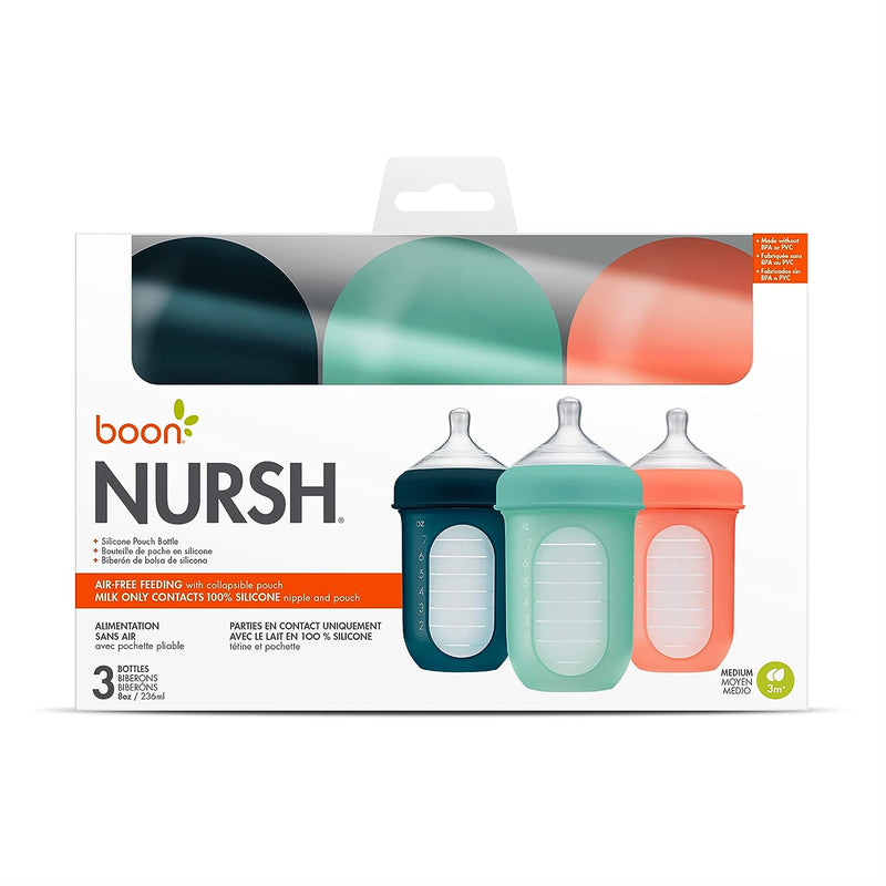 Boon Nursh Silicone Pouch Bottle 8oz / 236ml 3-Pack Multicolor Set