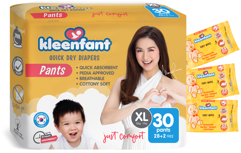 Kleenfant Diaper Pants - XL, 30 Pads + FREE 3 Packs of Baby Scent Wipes Bundle