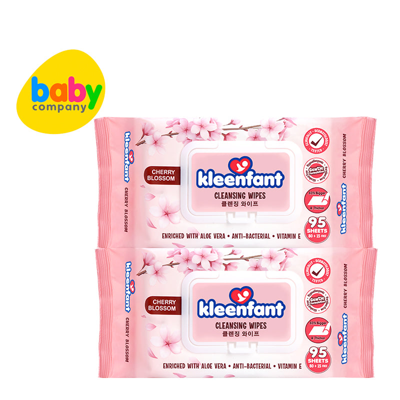 Kleenfant Cherry Blossom Cleansing Wipes - 95 Sheets (Pack of 2)