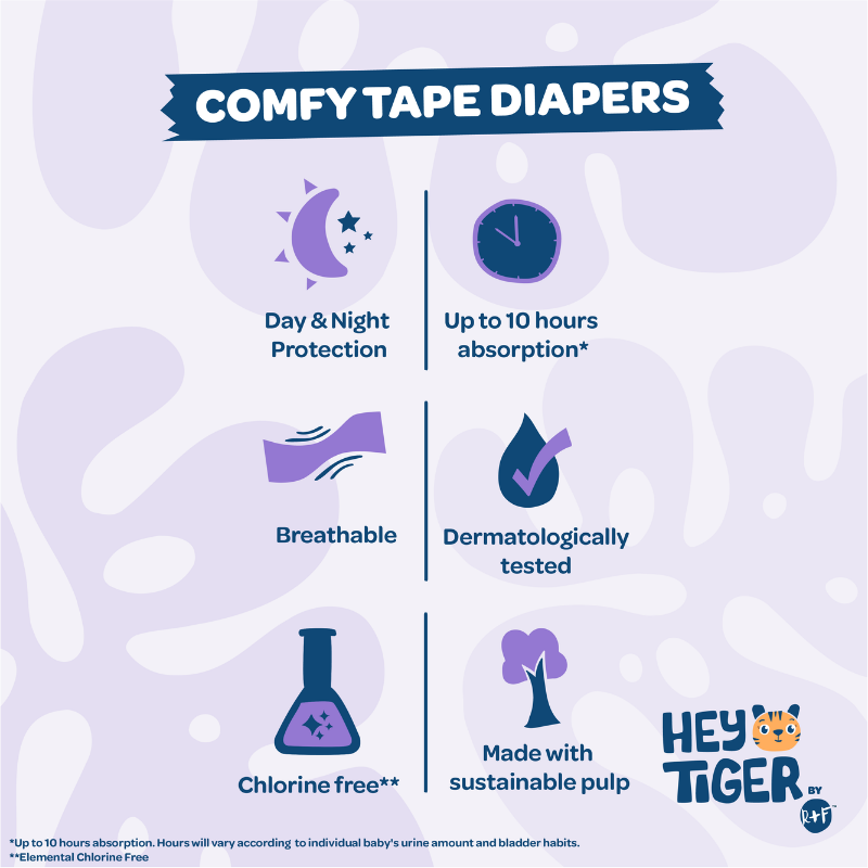 Hey Tiger Comfy Tape Diapers, Jumbo Pack - Large, 50 pads