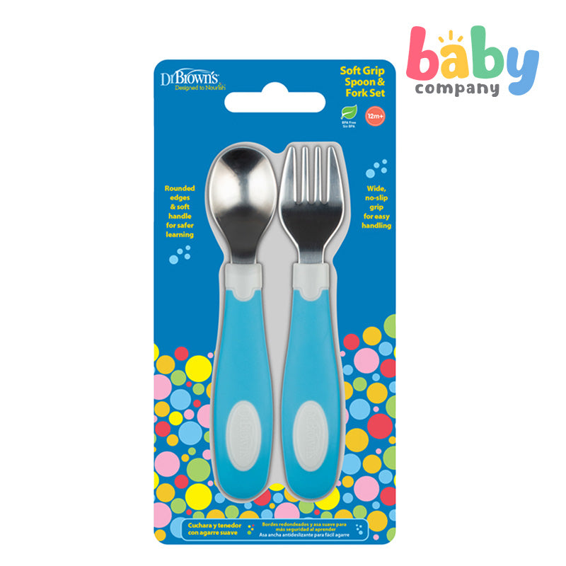 Dr. Brown's Soft Grip Spoon N Fork Set- Blue/ Grey