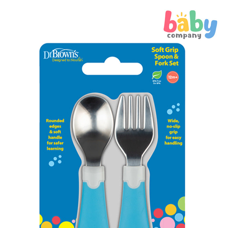 Dr. Brown's Soft Grip Spoon N Fork Set- Blue/ Grey