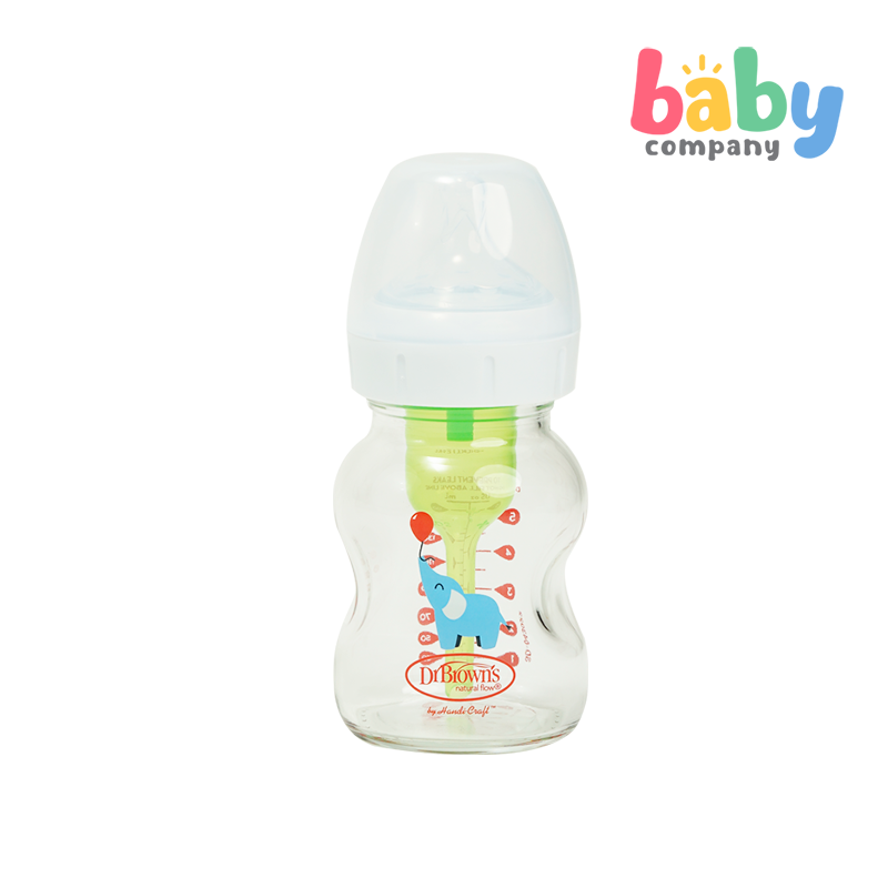 Dr. Brown's Natural Flow Options+ Anti-Colic Glass Wide-neck Bottle 5 oz / 150 ml - Elephant