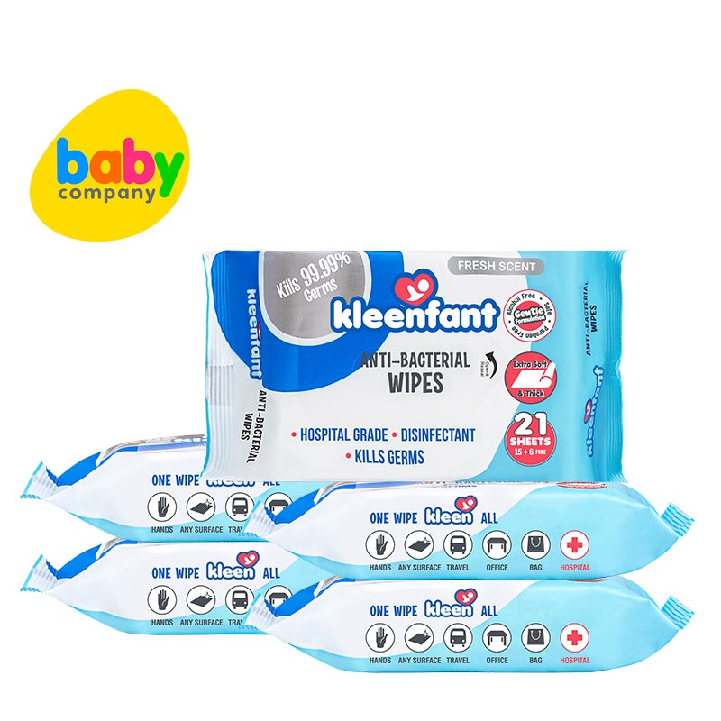 Kleenfant Anti-Bacterial Wipes - 21 Sheets x Pack of 5