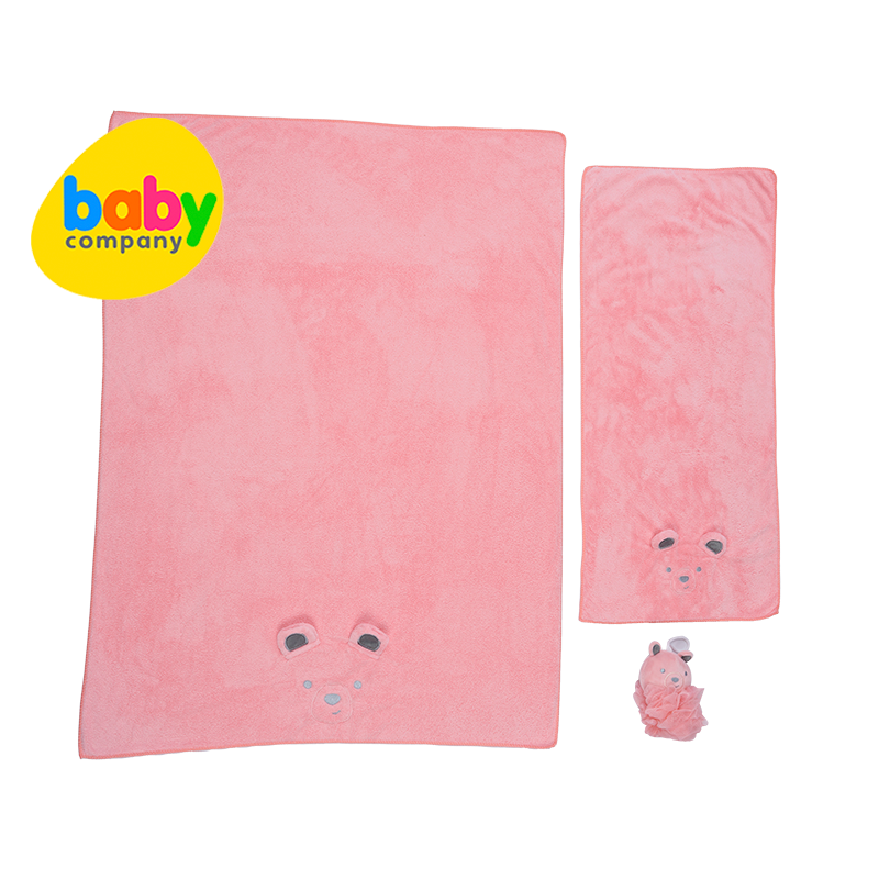 Bloom 3-Piece Bath Towel and Loofah Set For Kids - Pink Bear