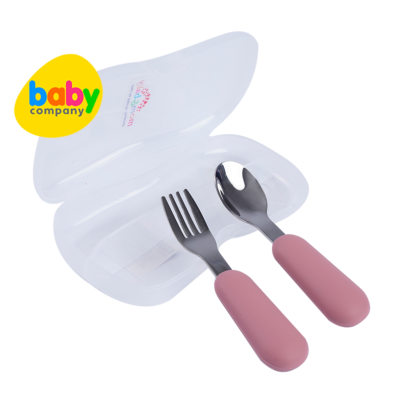 Mom & Baby Stainless Steel Spoon and Fork with Case - Pink