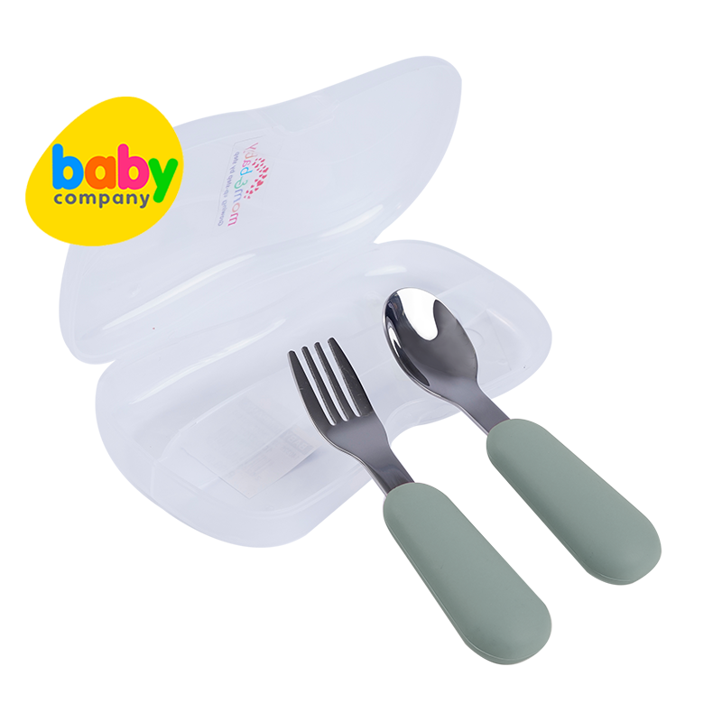 Mom & Baby Stainless Steel Spoon and Fork with Case - Green