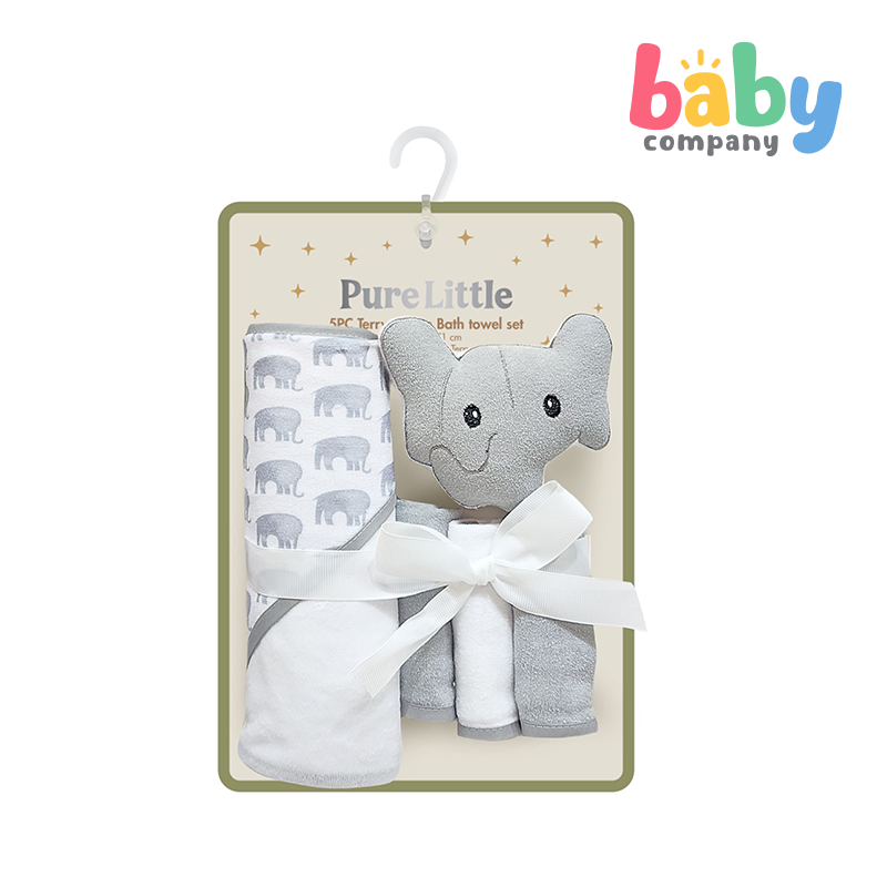 Pure Little 5-Pack Terry Cotton Bath Towel Set - Elephant