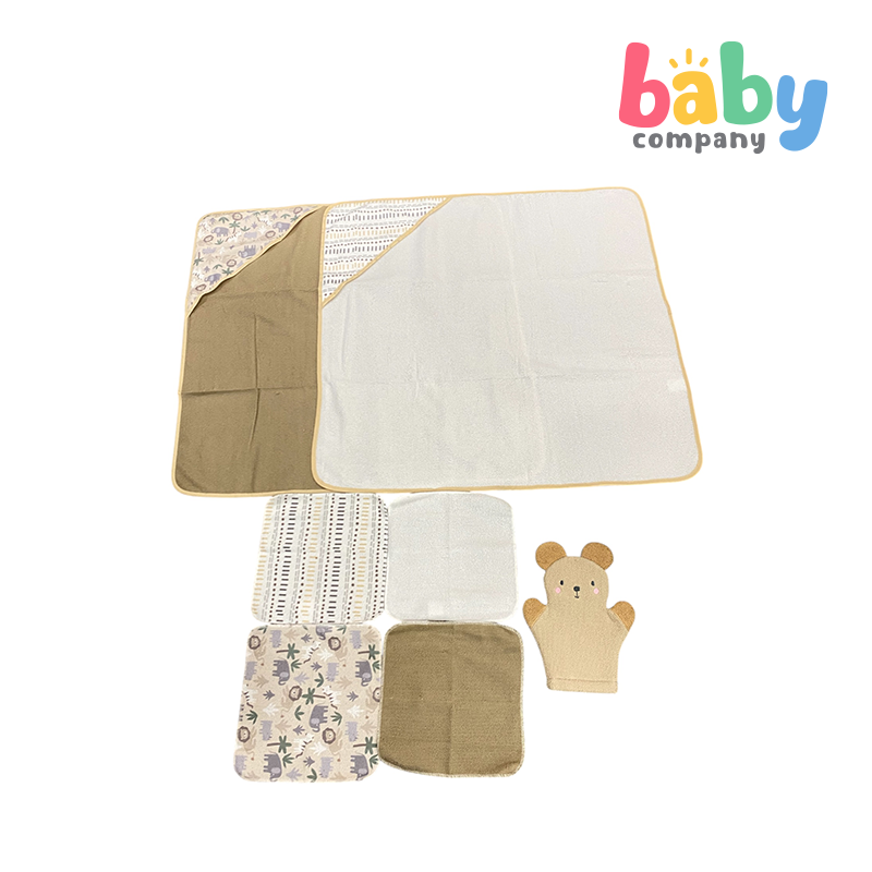 Peekaboo 2pc Hooded + Wash Mitten + 4pc Wash Cloth Set - Bear