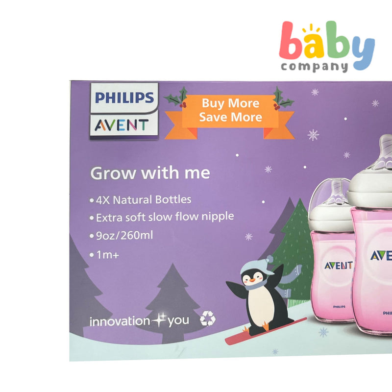 Philips Avent Natural Christmas 4-Pack Baby Bottle - 9oz, Pink