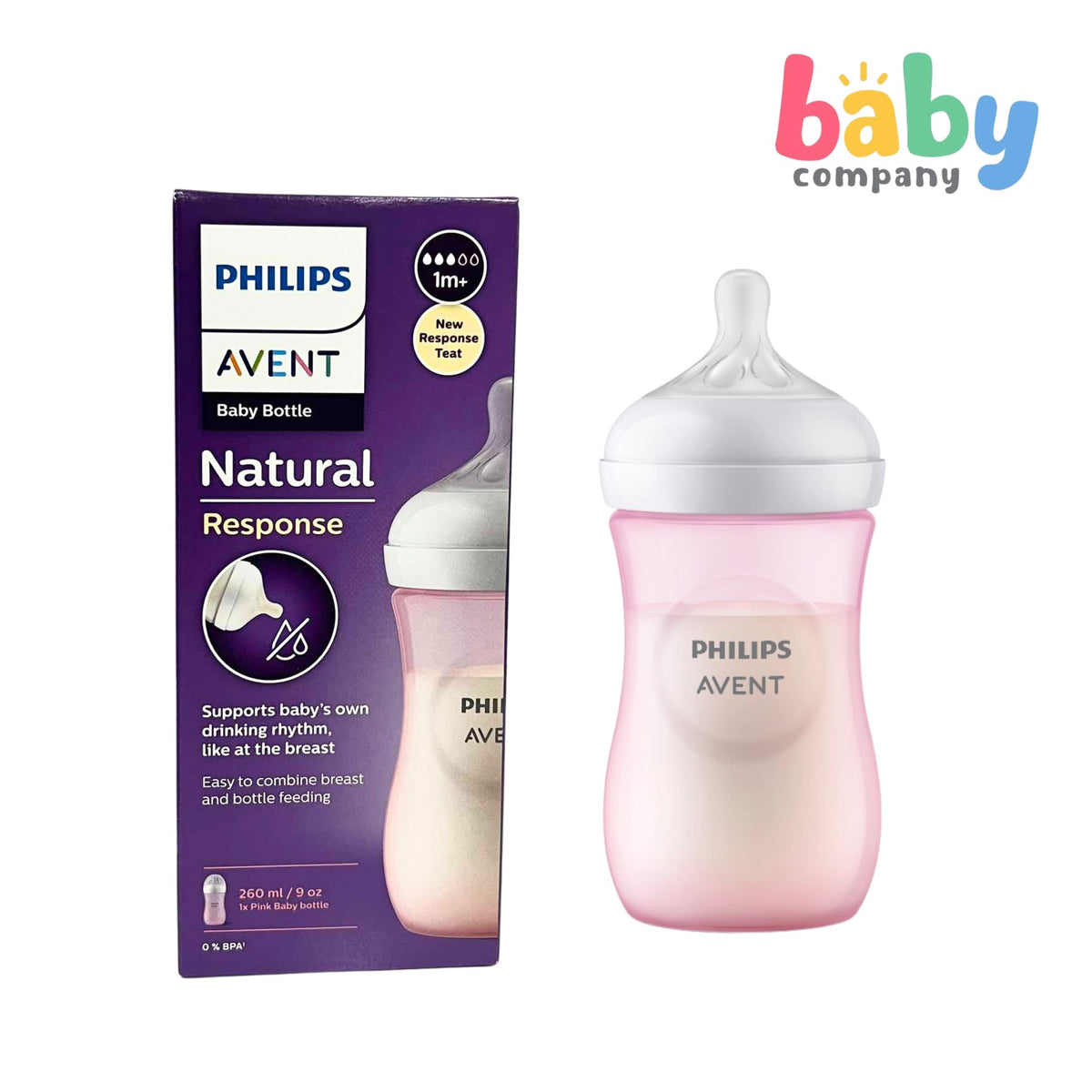 Philips Avent Natural Response Baby Bottle 1m+ 9oz/260ml, Pink