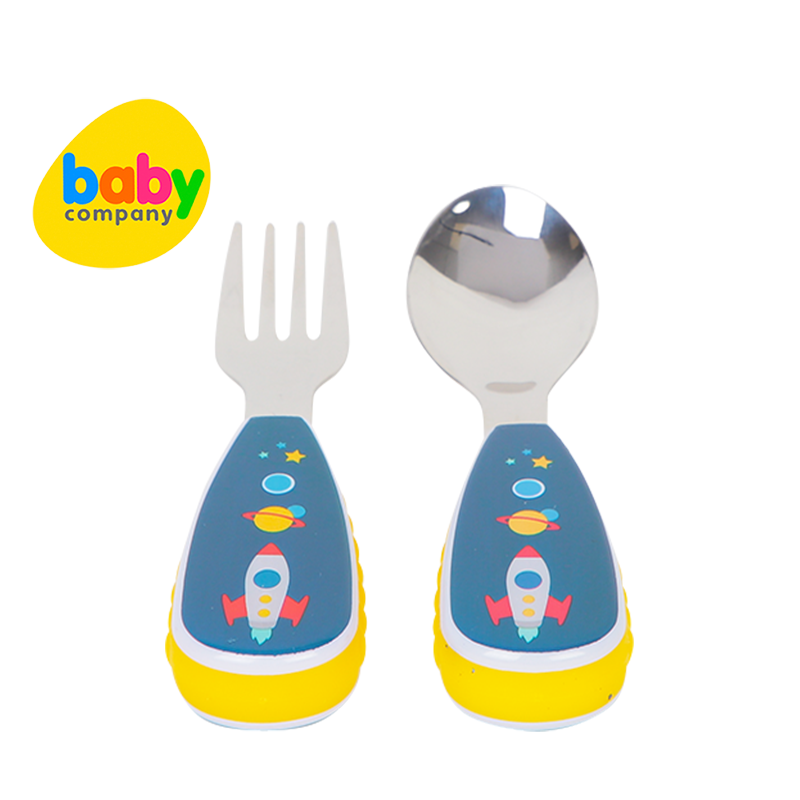 Mom & Baby Stainless Steel Spoon and Fork With Case - Rocket Ship
