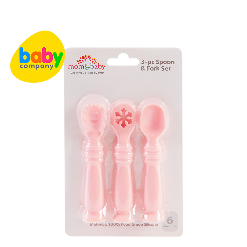 Mom & Baby 3-Piece Silicone Spoon and Fork Set (Stages 1 and 2) - Pink