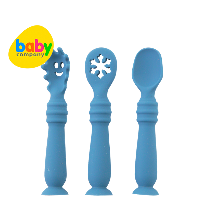 Mom & Baby 3-Piece Silicone Spoon and Fork Set (Stages 1 and 2) - Blue