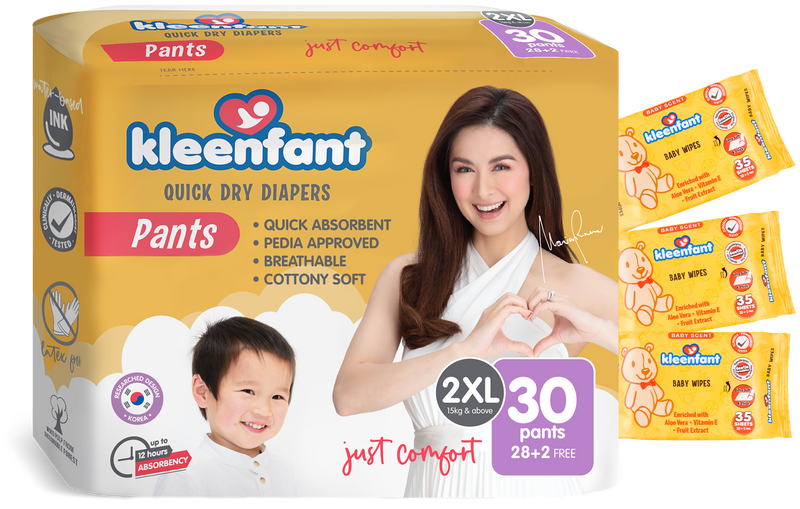 Kleenfant Diaper Pants XXL 30 Pads + FREE 3 Packs of Baby Scent Wipes (GBF)