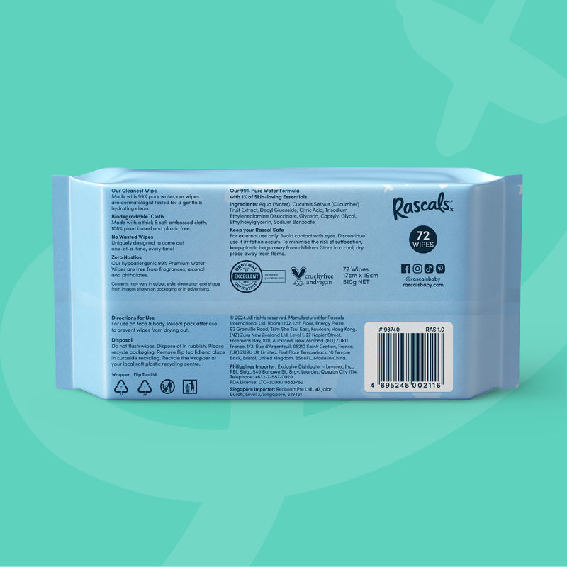 Rascals Water Wipes 216 Sheets (72's x 3 Packs)