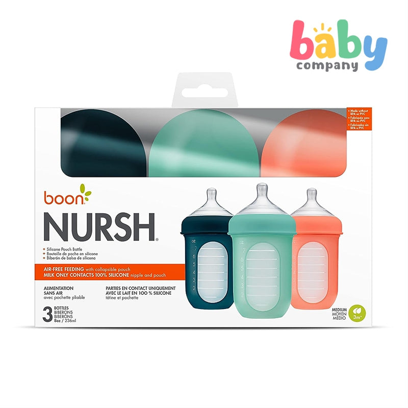 Boon Nursh Silicone Pouch Bottle 8oz / 236ml 3-Pack Multicolor Set