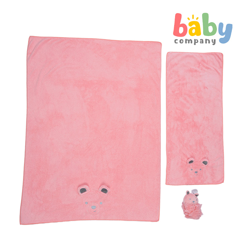 Bloom 3-Piece Bath Towel and Loofah Set For Kids - Pink Bear