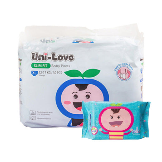 Unilove Slim Fit Pants Diaper 30 Pads with FREE Wipes 32 sheets