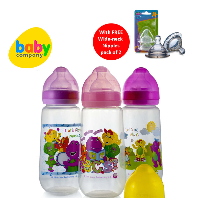 Barney 14oz Wideneck Feeding Bottles Pack of 3 with FREE Pack of 2 Medium Flow Wideneck Nipples