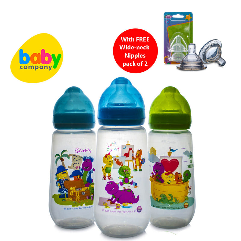 Barney 14oz Wideneck Feeding Bottles Pack of 3 with FREE Pack of 2 Medium Flow Wideneck Nipples