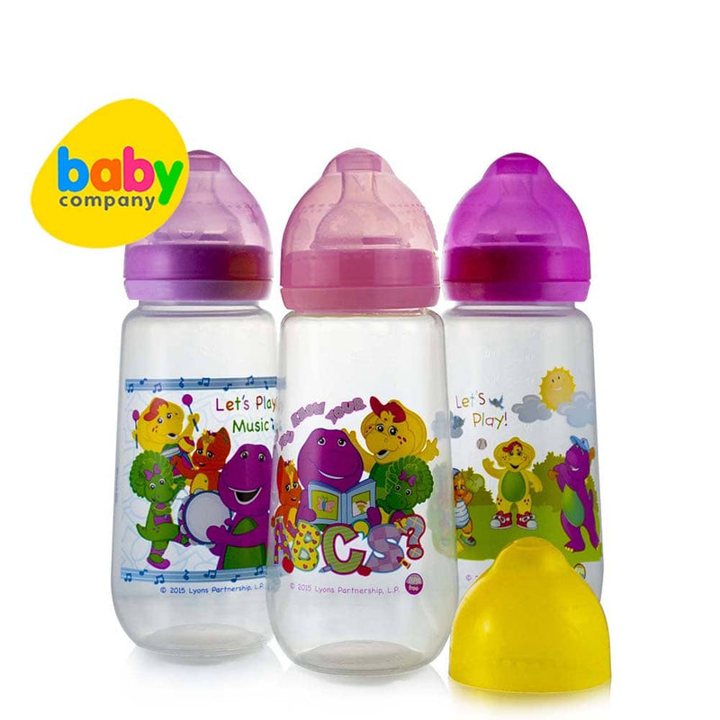 Barney 14oz Wideneck Feeding Bottles Pack of 3 with FREE Pack of 2 Medium Flow Wideneck Nipples