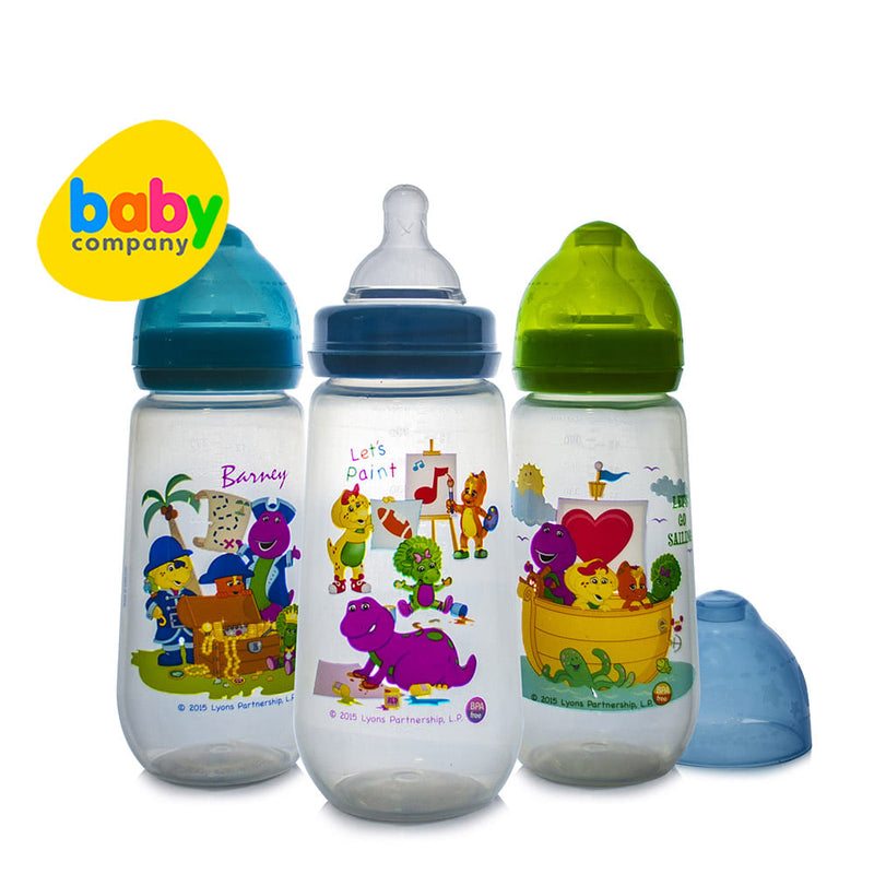 Barney 14oz Wideneck Feeding Bottles Pack of 3 with FREE Pack of 2 Medium Flow Wideneck Nipples