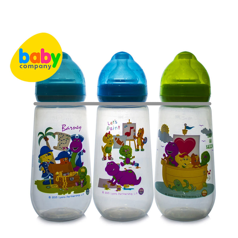 Barney 14oz Wideneck Feeding Bottles Pack of 3 with FREE Pack of 2 Medium Flow Wideneck Nipples