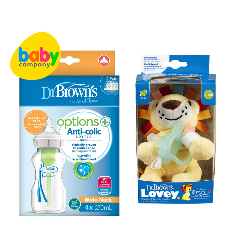 Dr Brown's PP Wide-Neck Options+ Feeding Bottle 9oz/270ml Pack of 4 Bundle with Dr. Brown's Lovey's