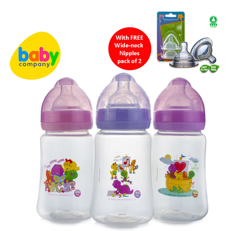 Barney 8oz Wideneck Feeding Bottles Pack of 3 with Free Pack of 2 Fast Flow Wideneck Nipples