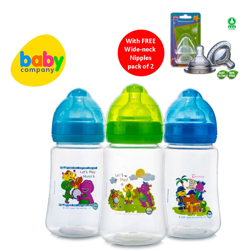 Barney 8oz Wideneck Feeding Bottles Pack of 3 with Free Pack of 2 Fast Flow Wideneck Nipples