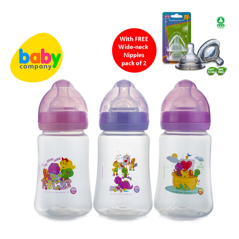 Barney 8oz Wideneck Feeding Bottles Pack of 3 with Free Pack of 2 Fast Flow Wideneck Nipples
