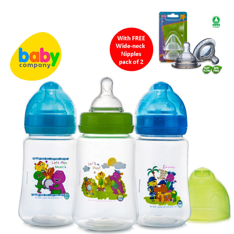 Barney 8oz Wideneck Feeding Bottles Pack of 3 with Free Pack of 2 Fast Flow Wideneck Nipples