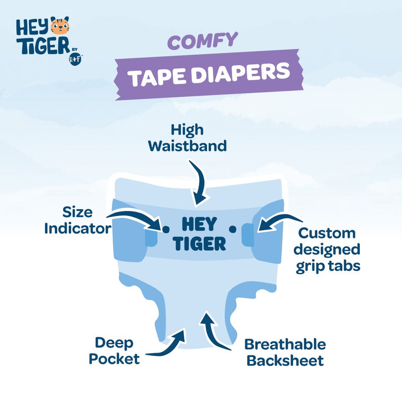 Hey Tiger Comfy Tape Diapers, Jumbo Pack - Medium, 64 pads