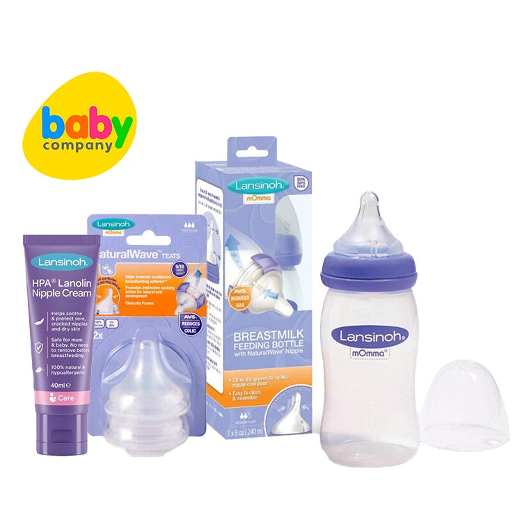 Lansinoh mOmma Bottle 240ml (Pack of 2) with Nipple Fast Flow Nipple and Lanolin 40ml Bundle
